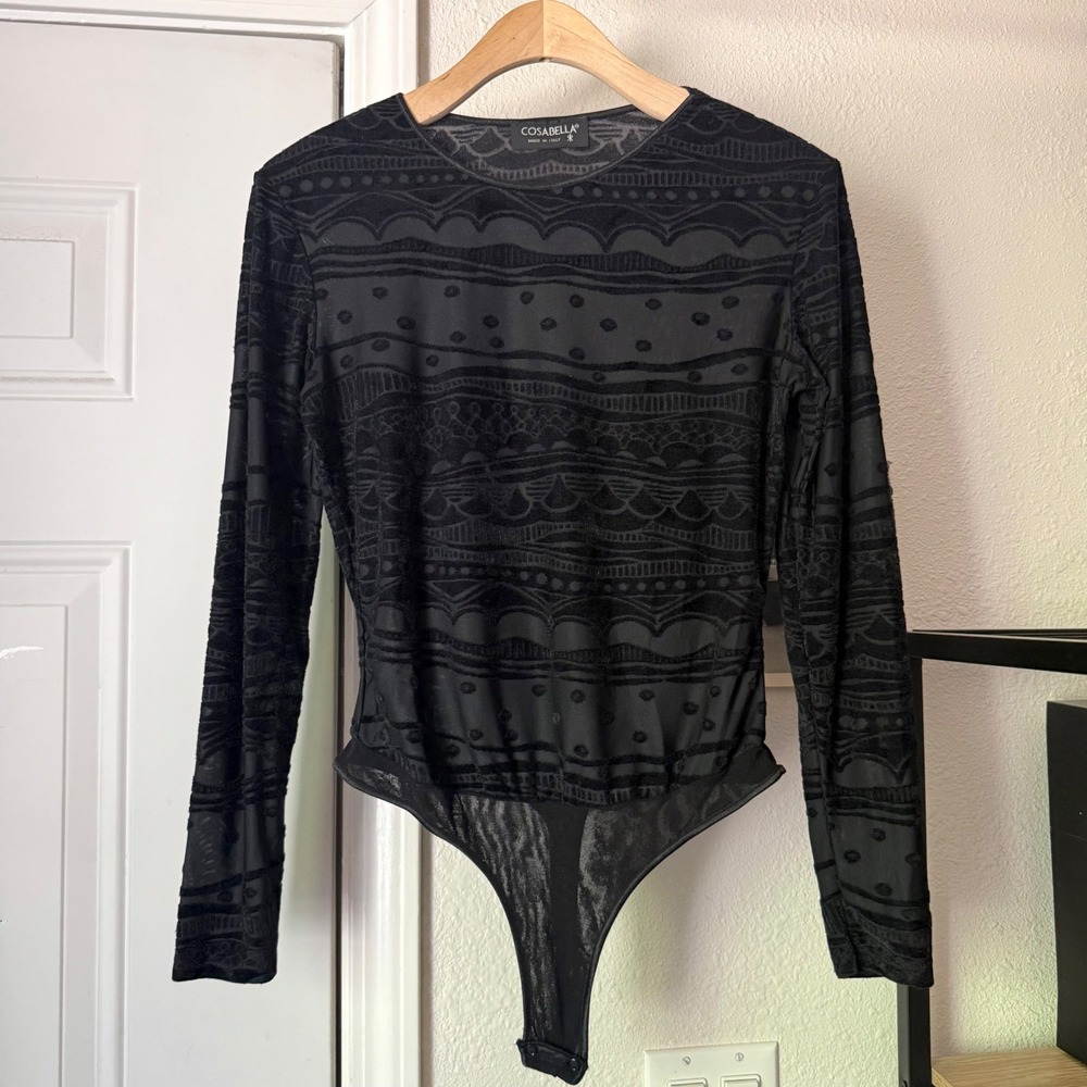 COSABELLA black knit burnout velvet velour long sleeve bodysuit